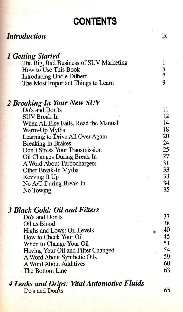 Book contents page listing chapters 1–4: break-in, oil and filters, and leaks and drips