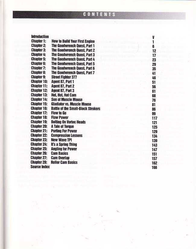 Contents page listing chapters for an engine build guide book