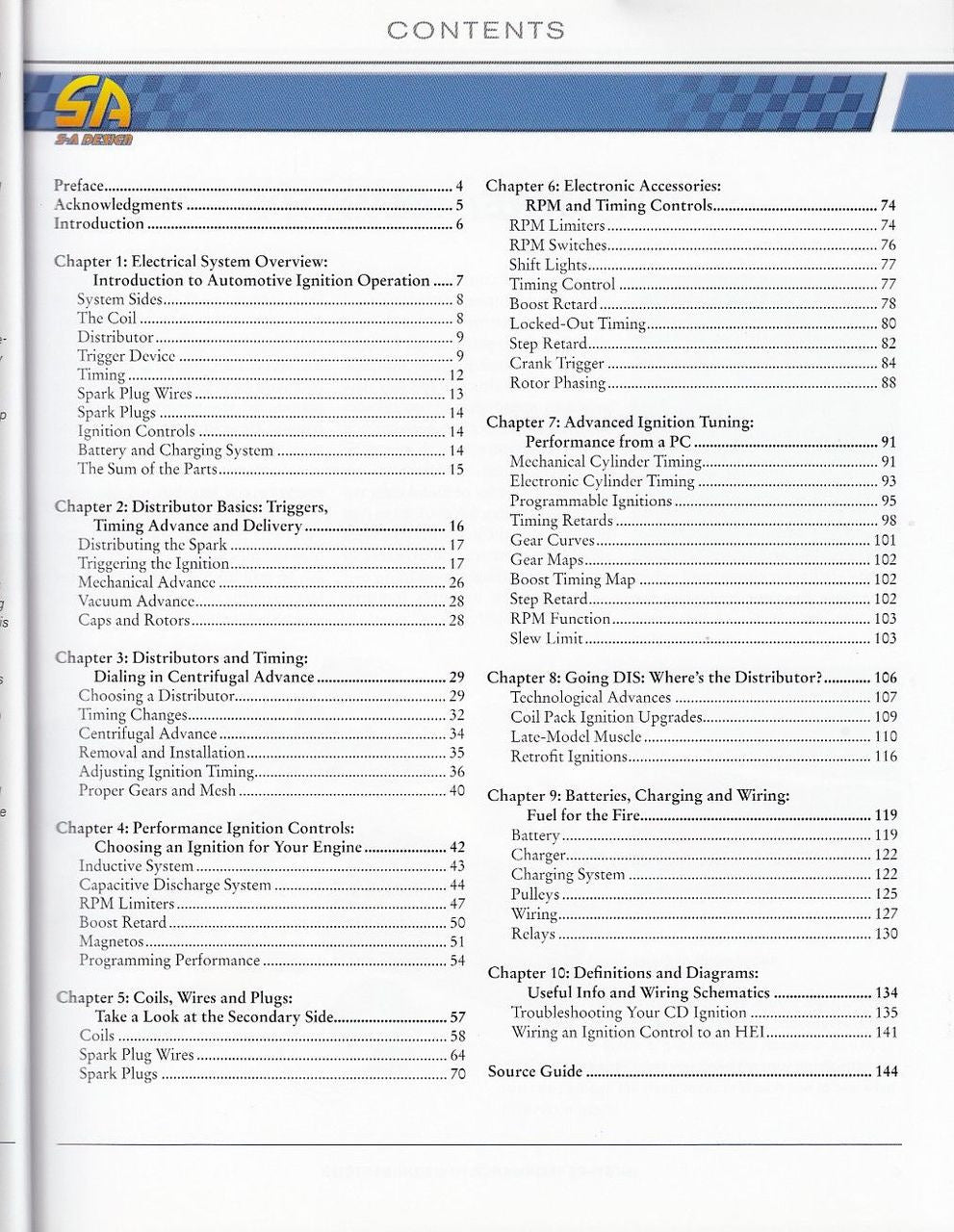 Ignition systems how-to book contents page with chapter and section listings