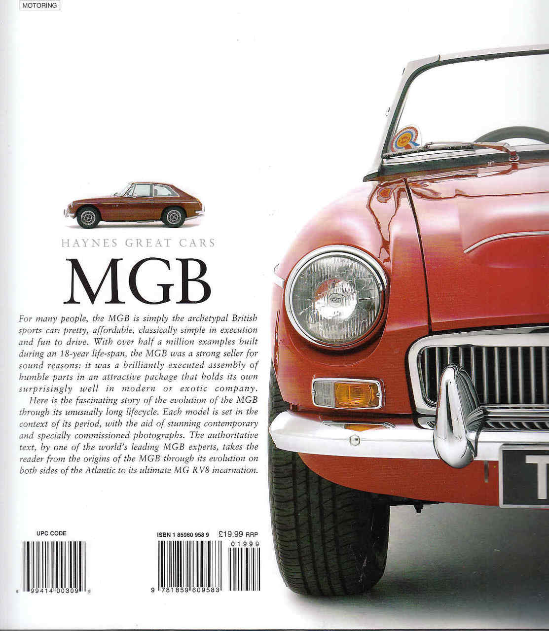 Haynes Great Cars MGB guidebook cover with red classic car front and title