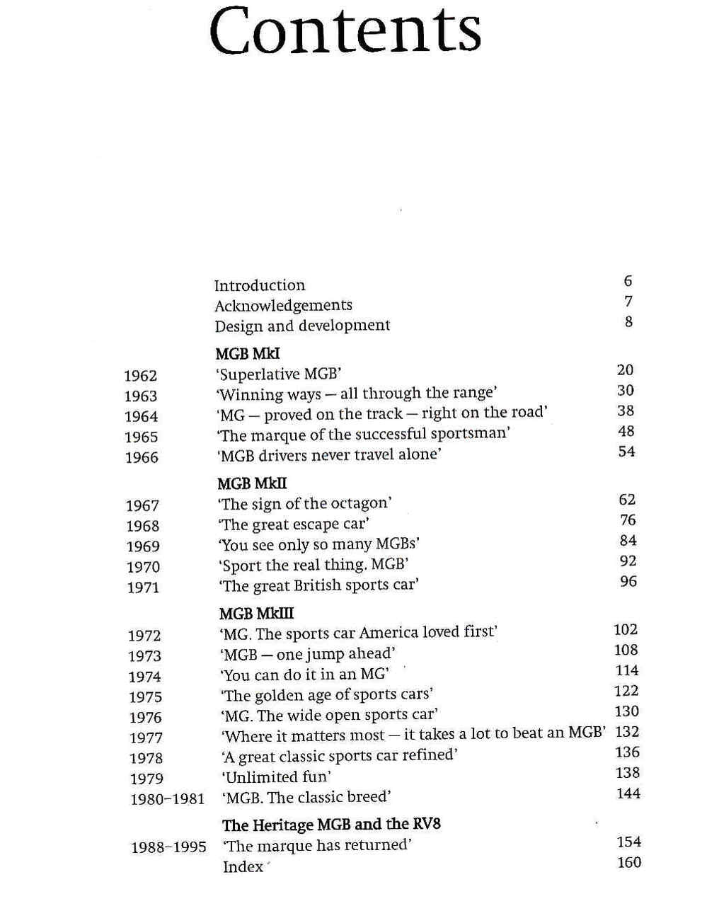 Haynes Great Cars MGB guidebook contents page with chapter index