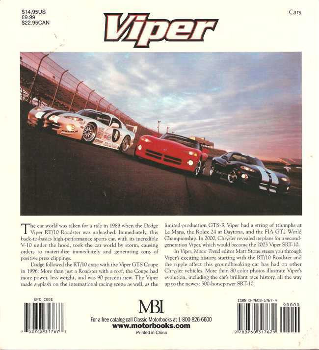 Viper enthusiast color series book back cover with red sports car photo and logo