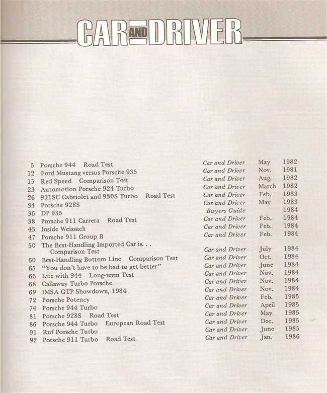 Table of contents page for Car and Driver on Porsche 1982–1986 issue listings