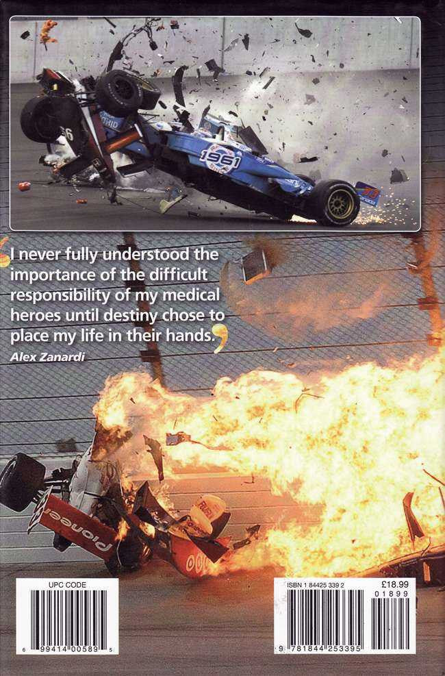 Motorsport memoir book back cover with race car, explosion art, quote, and barcodes