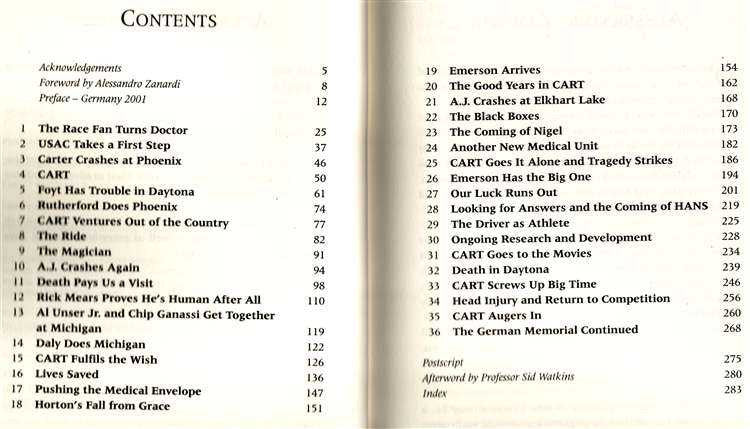 Book contents page with headings, page numbers, and section list in two columns