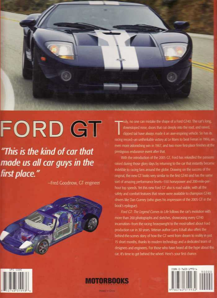 Hardcover Ford GT book back cover with blue car photo and description text