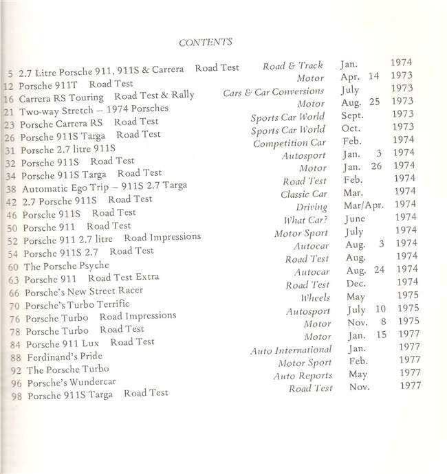 Road test book contents page with listed Porsche 911 topics and dates