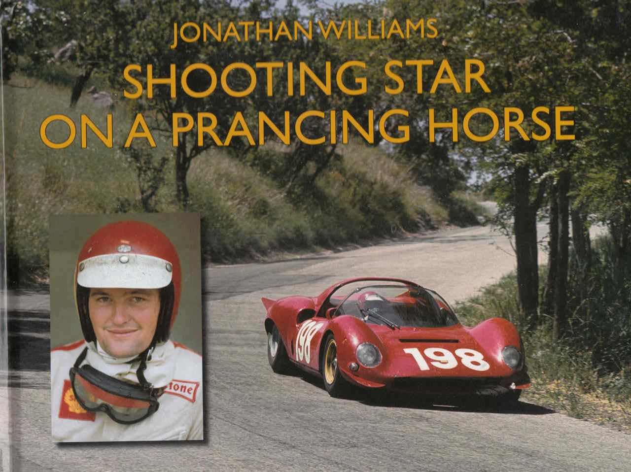 Book cover with Jonathan Williams title and red race car on road