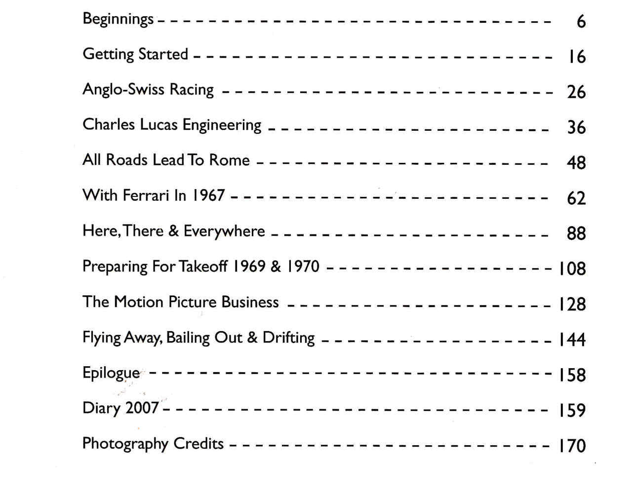 Book page with table of contents and section headings, numbered 6–170