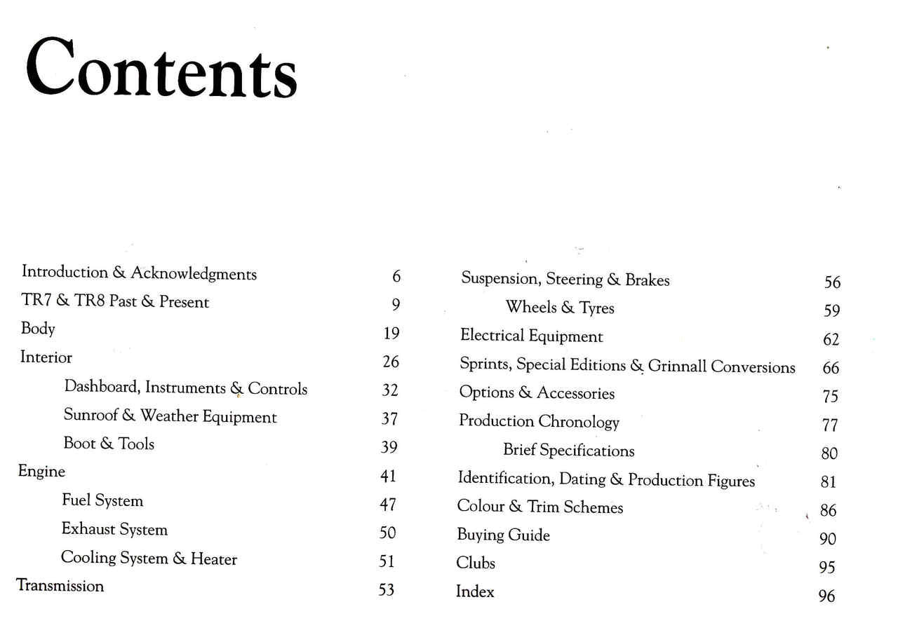 Automobile manual contents page with section headings for TR7 & TR8