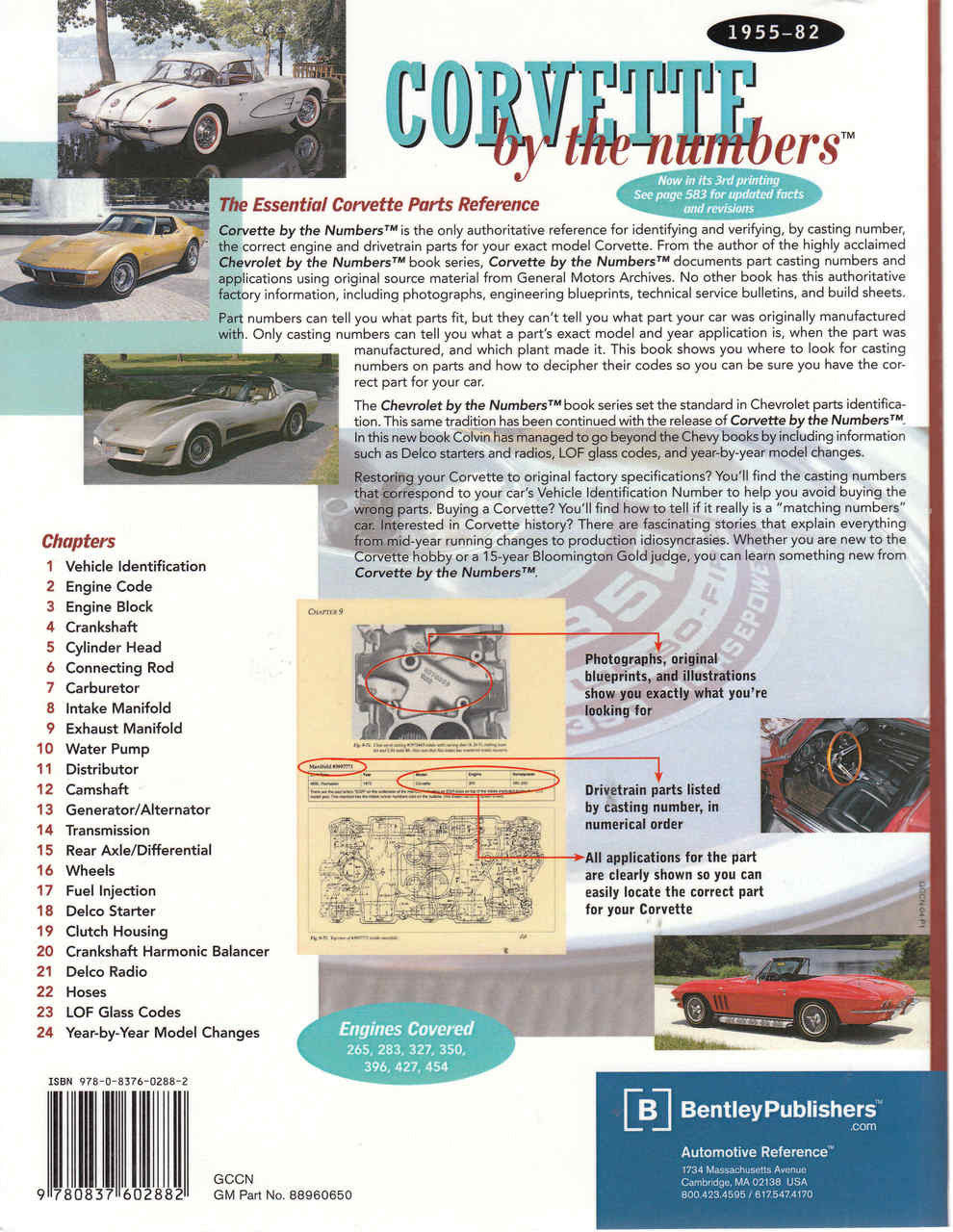 Corvette by the Numbers 1955–82 essential parts reference book cover with car photos