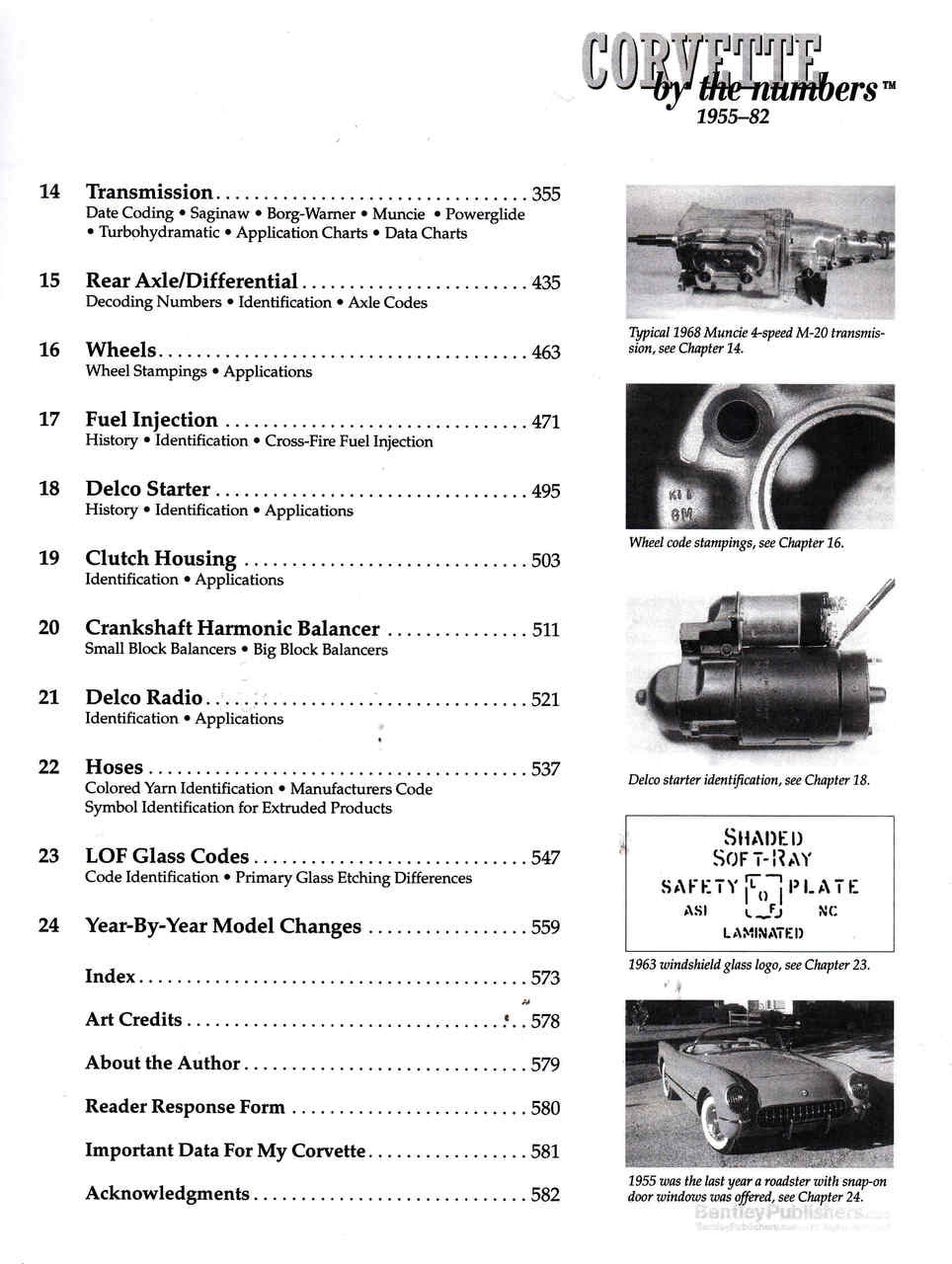 Corvette by the Numbers 1955–82 parts reference book: index pages and engine photos