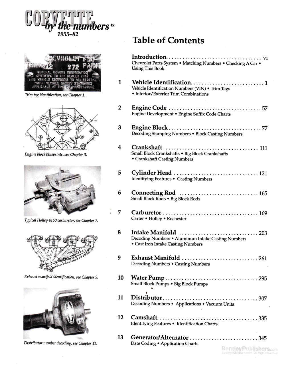 Corvette by the Numbers 1955–82 parts reference book: table of contents page