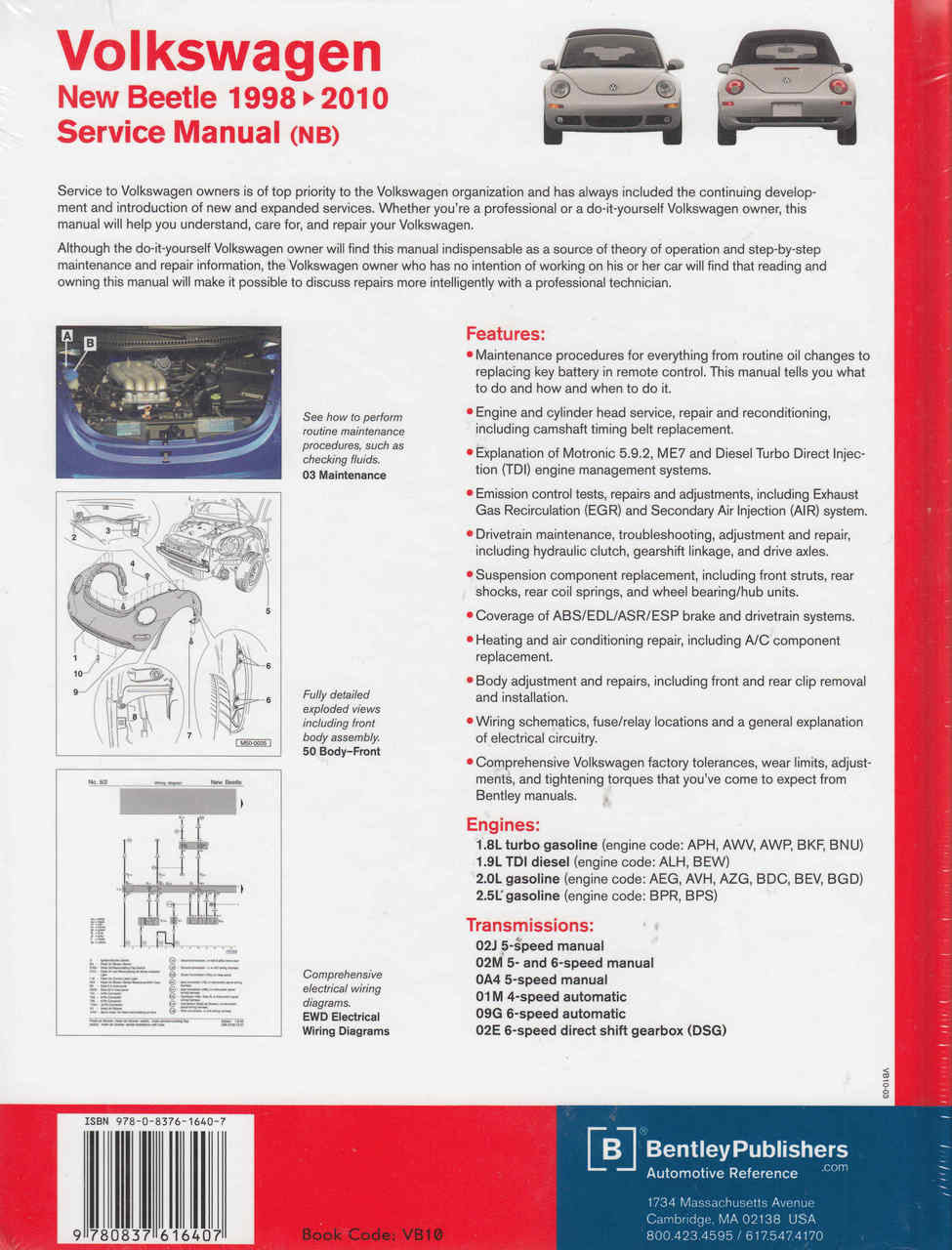 Volkswagen New Beetle service manual back cover with features list and technical diagrams