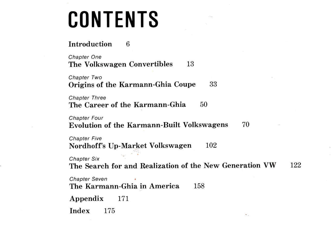 VW Treasures by Karmann contents page listing chapters and topics