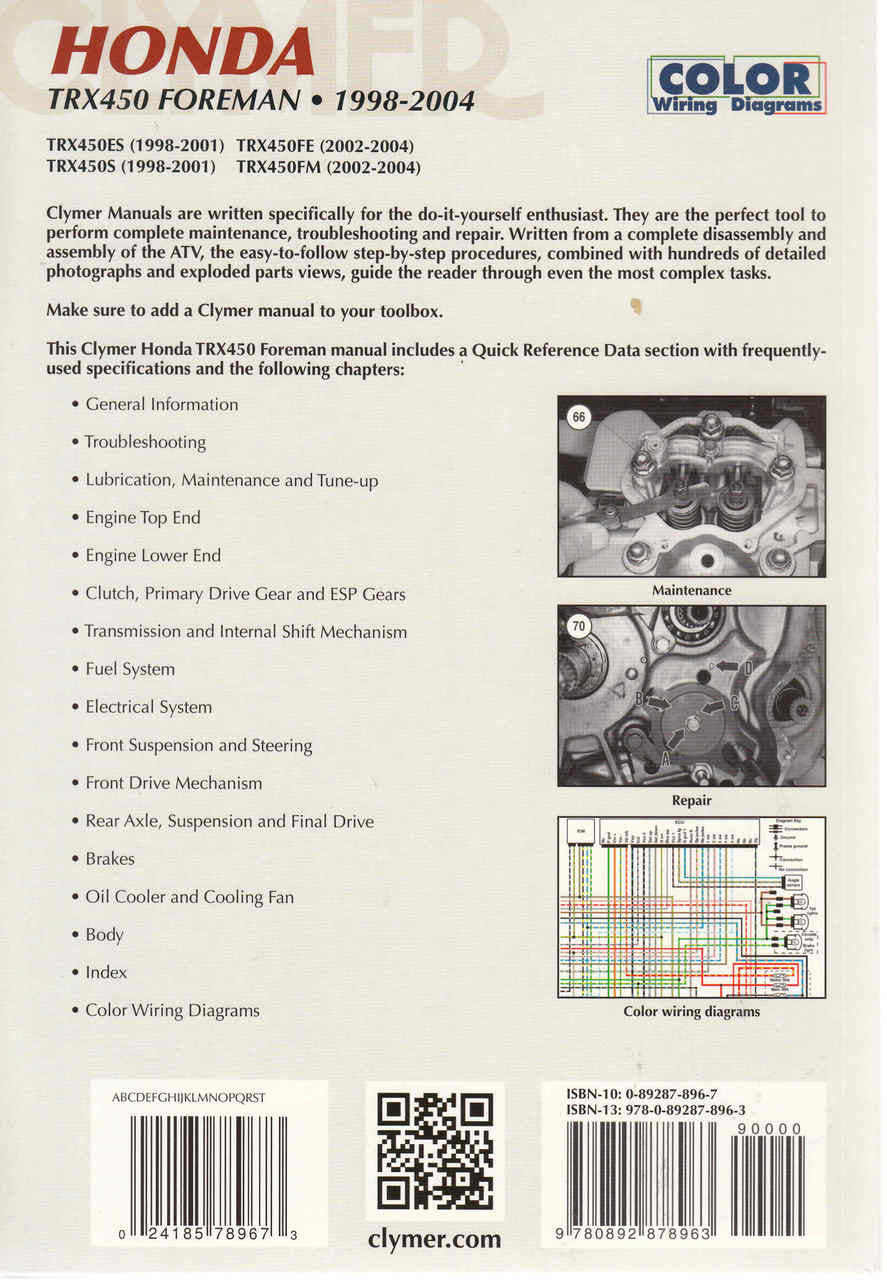 Honda TRX 450 Foreman ATV 1998 - 2004 Workshop Manual (9780892878963) - back