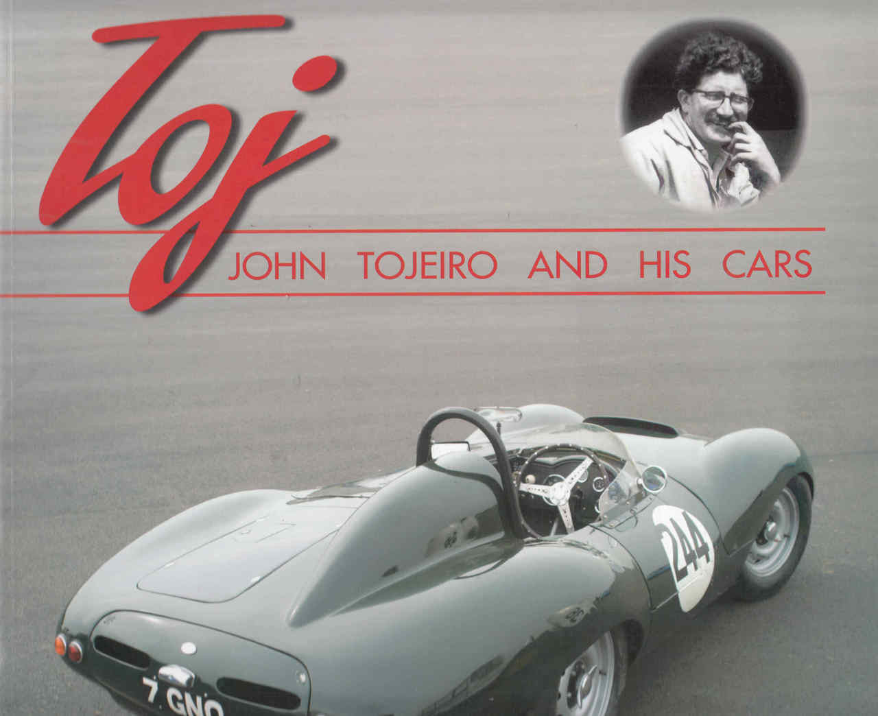 Signed book cover with John Tojeiro and his cars title and blue sports car