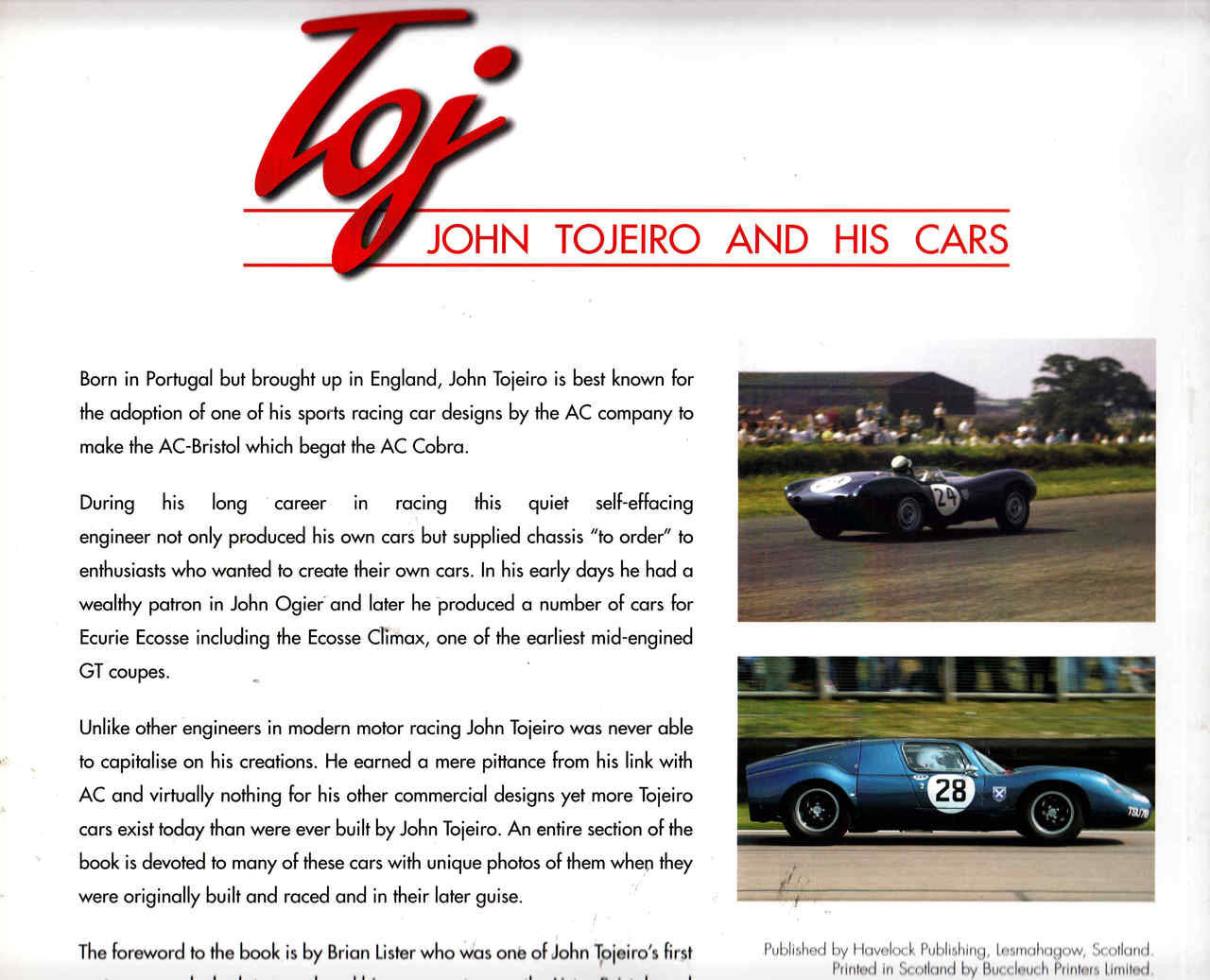 Paperback book page with paragraphs and two classic car photos in rows