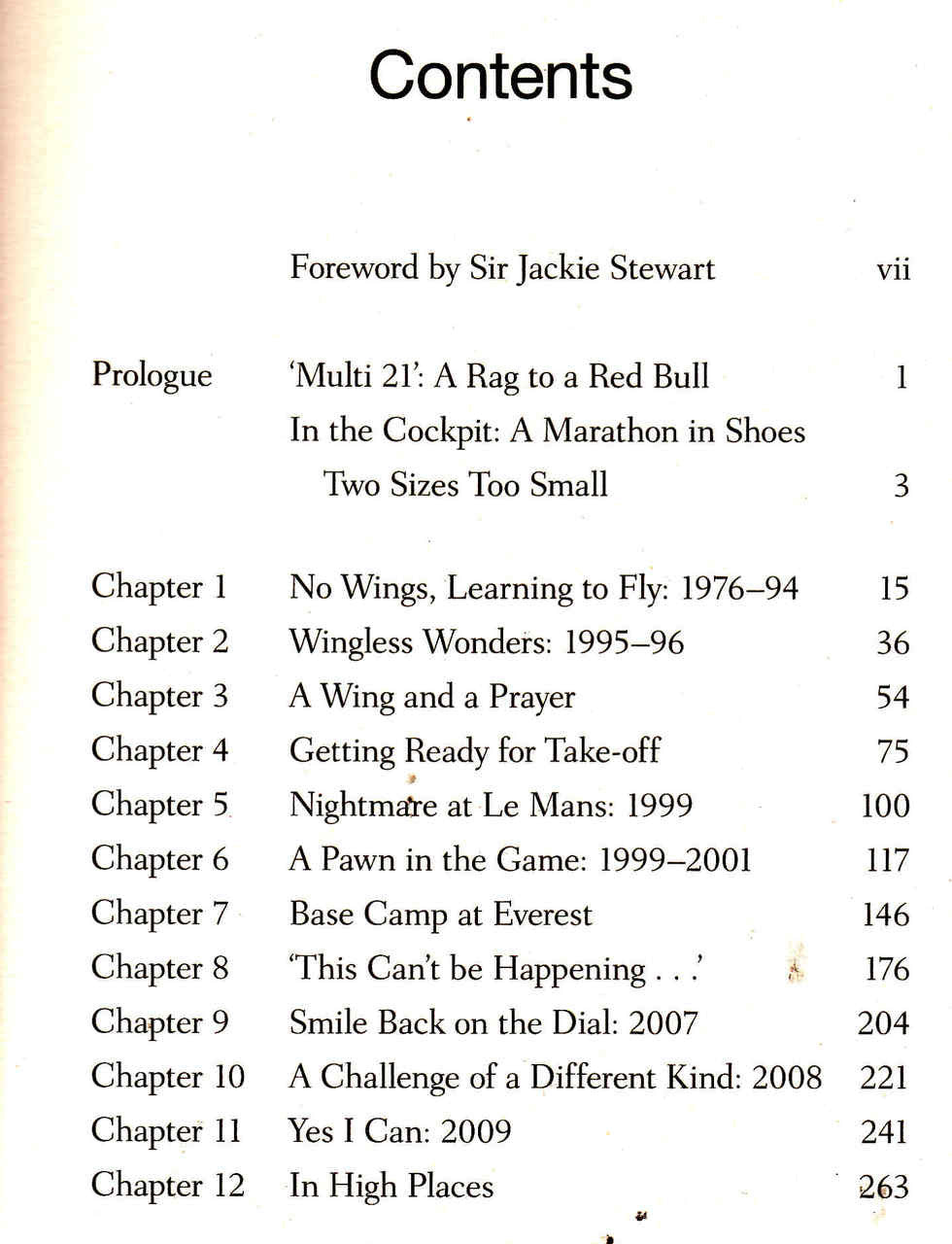 Hardcover book contents page with chapter list and page numbers
