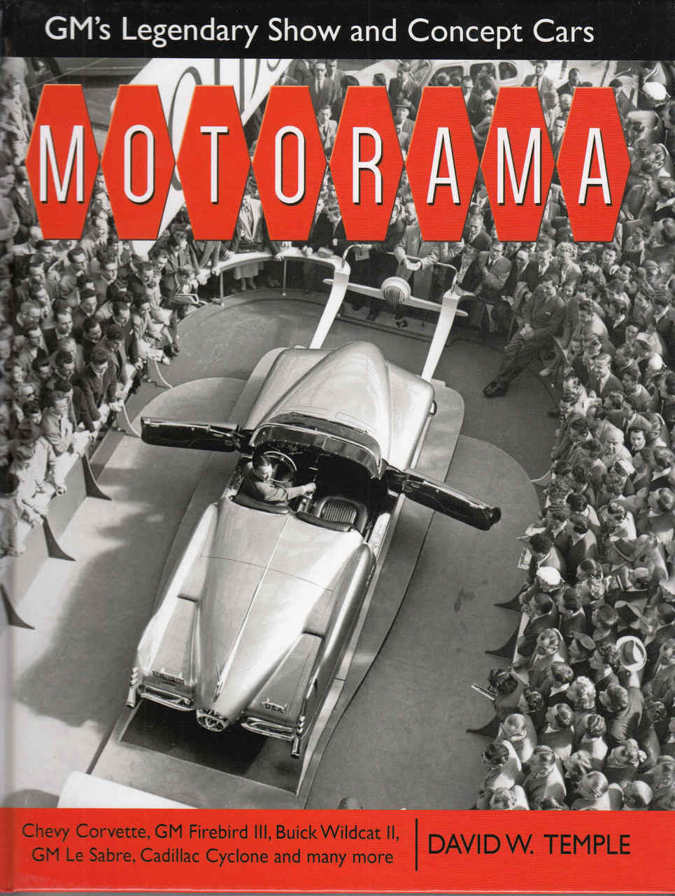 GM Motorama book cover with black-and-white concept car and red MOTORAMA title
