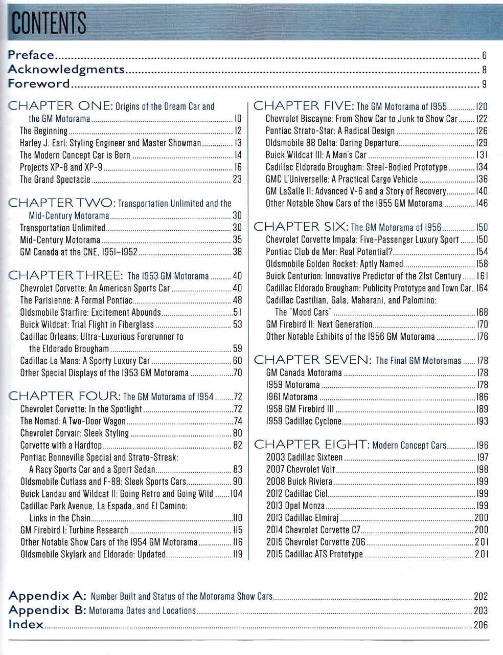 Motorama book contents page with chapter list and section headings