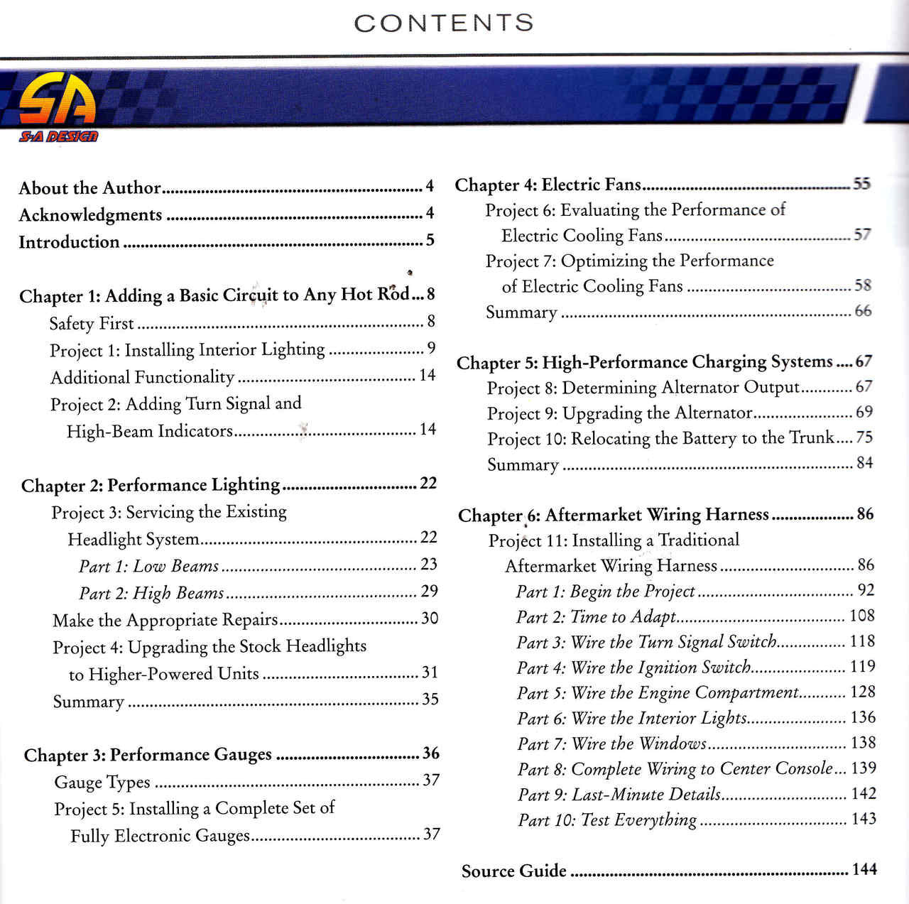Book contents page listing chapters on wiring, fans, charging, and electrical projects