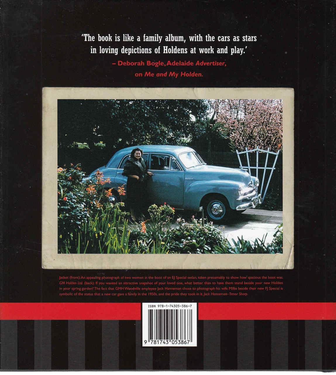 Holden book back cover with car photo in a garden, barcode and quote text