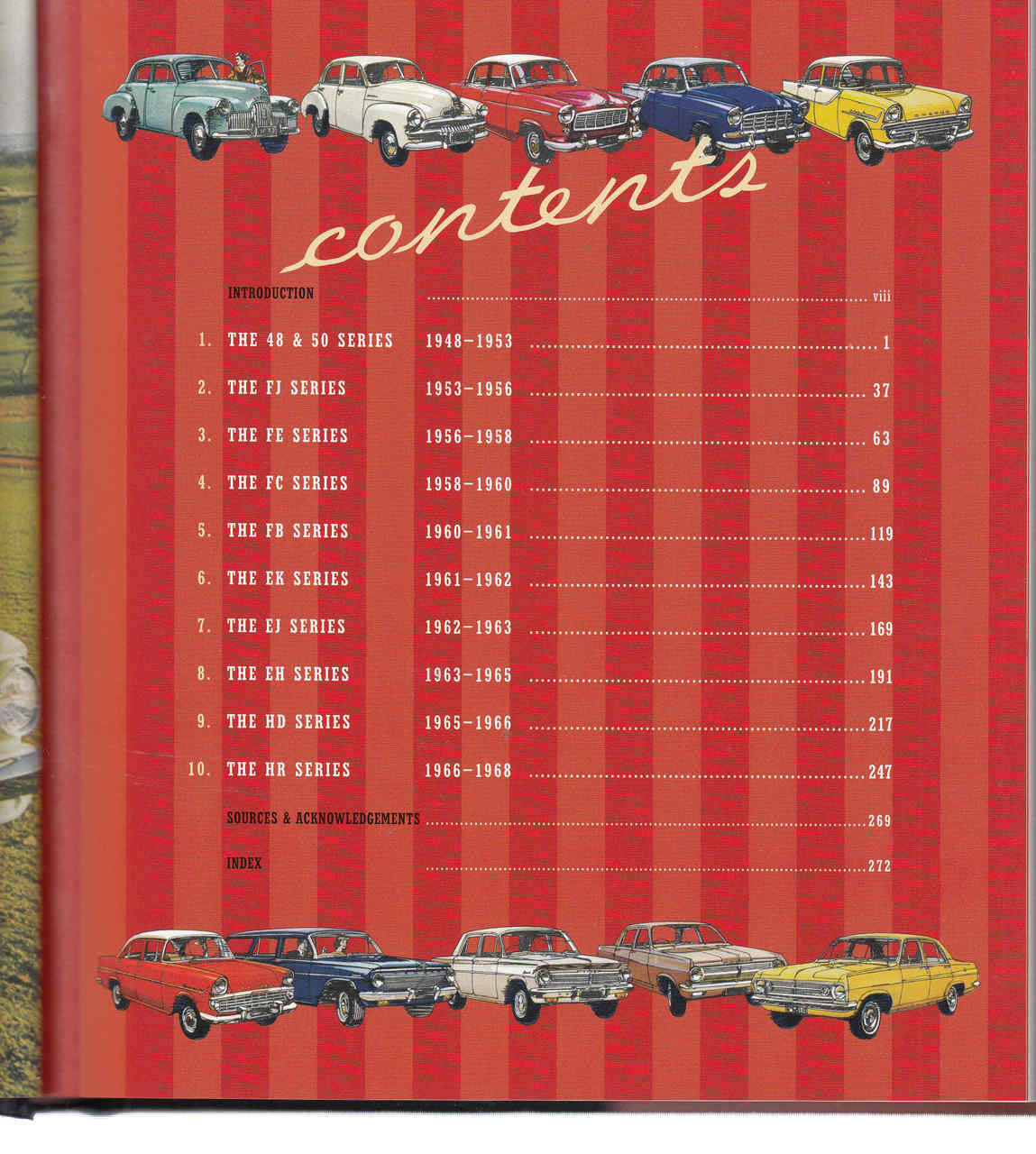 Holden book contents page with red layout, row of classic cars, section list