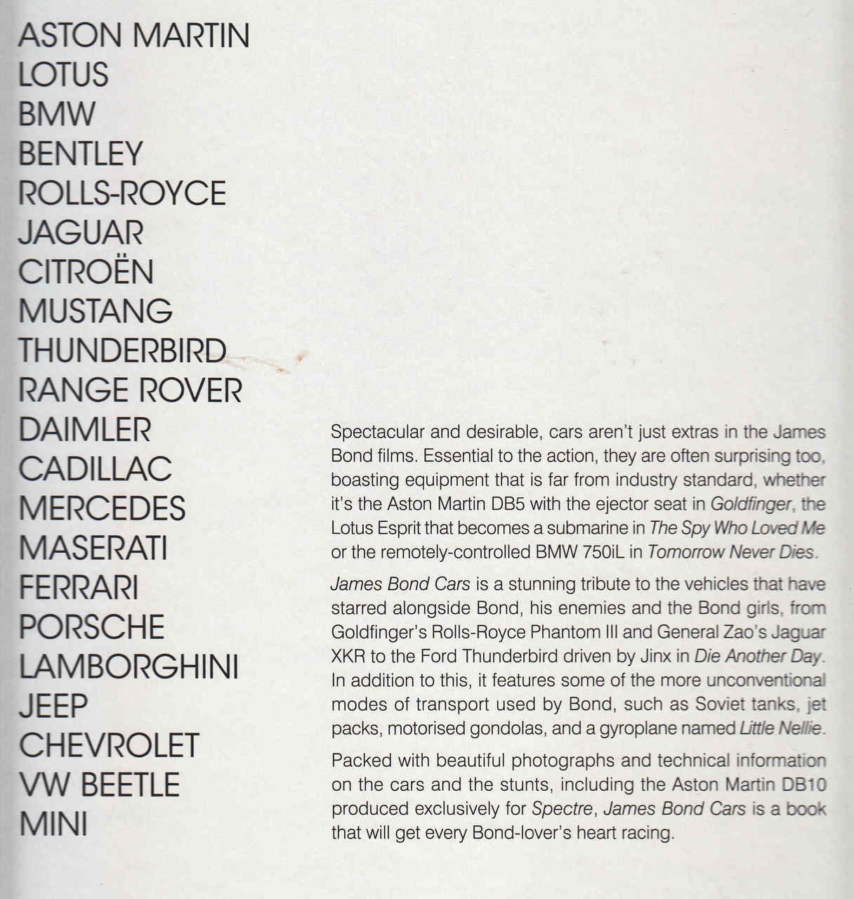 James Bond Cars book page listing car brands and descriptive text