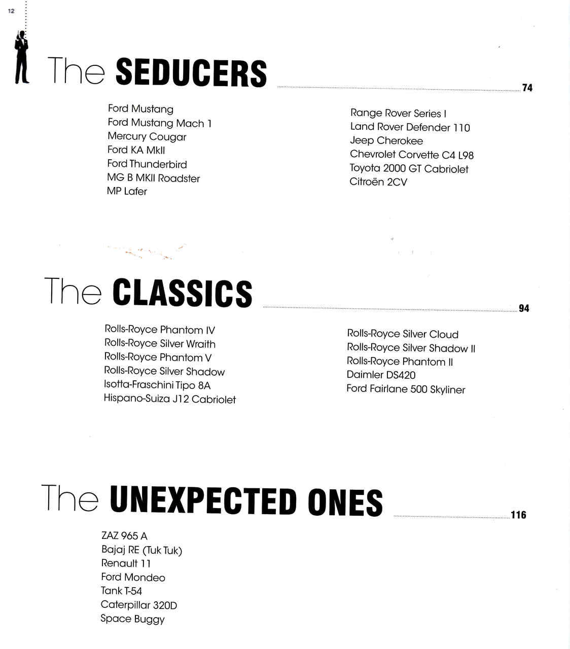 James Bond Cars book page listing The SEDUCERS, The CLASSICS, The UNEXPECTED ONES