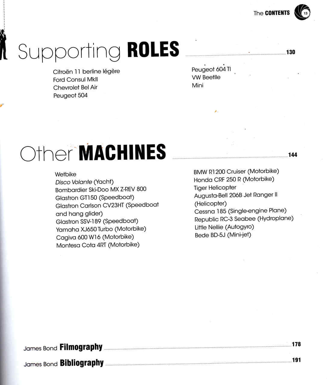 James Bond Cars book page with headings Supporting RULES and Other MACHINES