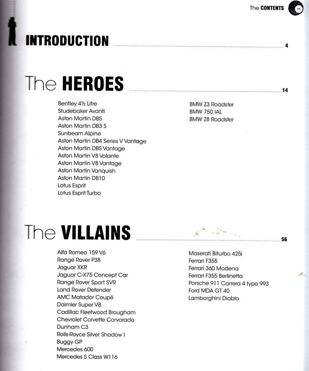 James Bond Cars book page showing sections The HEROES and The VILLAINS