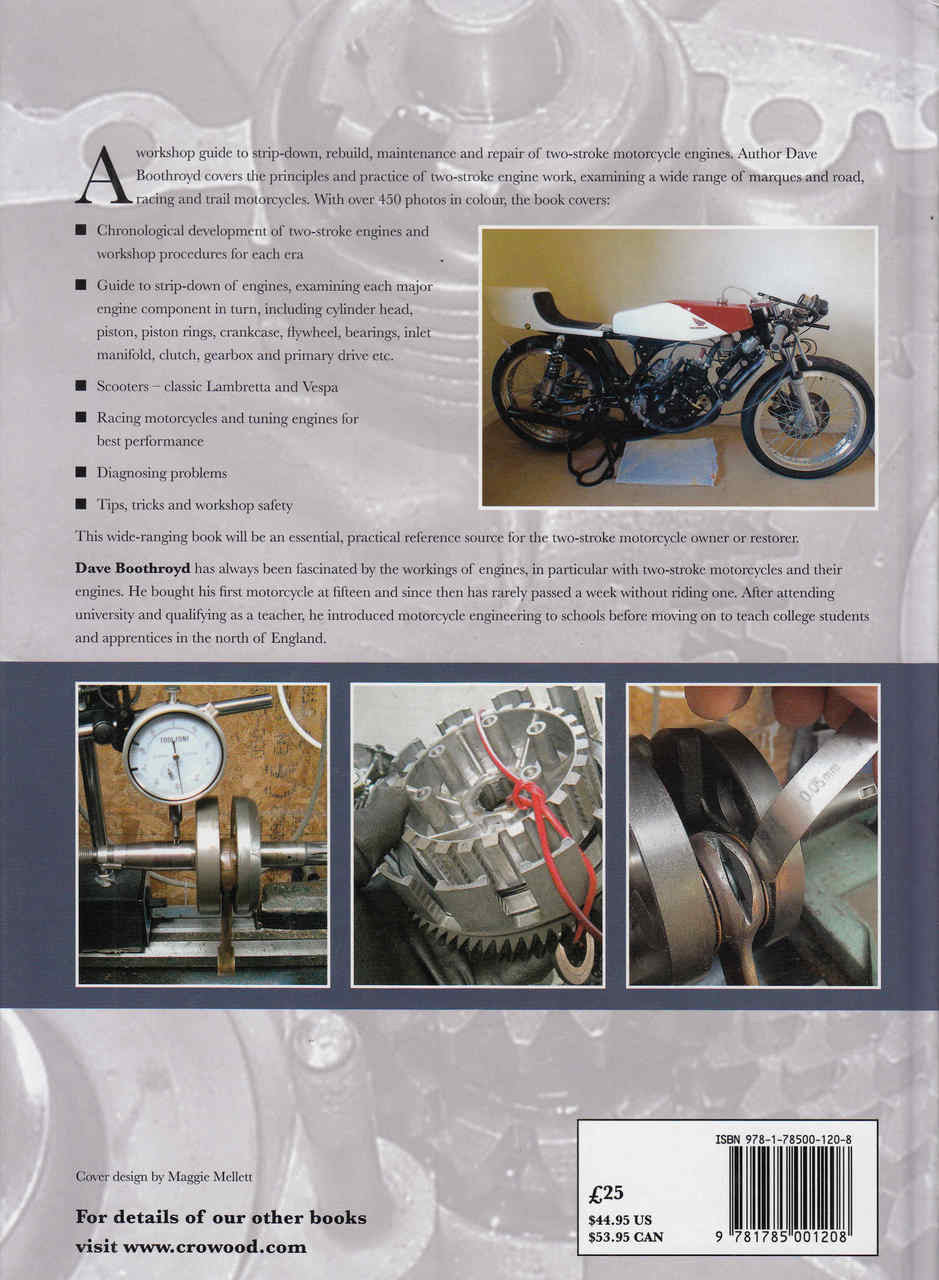Motorcycle engine repair guide book page with motorcycle photo and repair diagrams