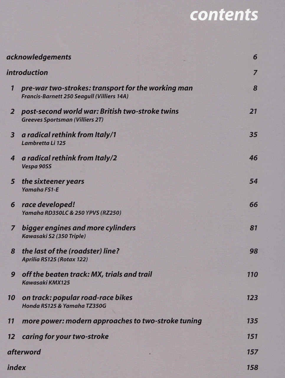 Book contents page with headings and page numbers