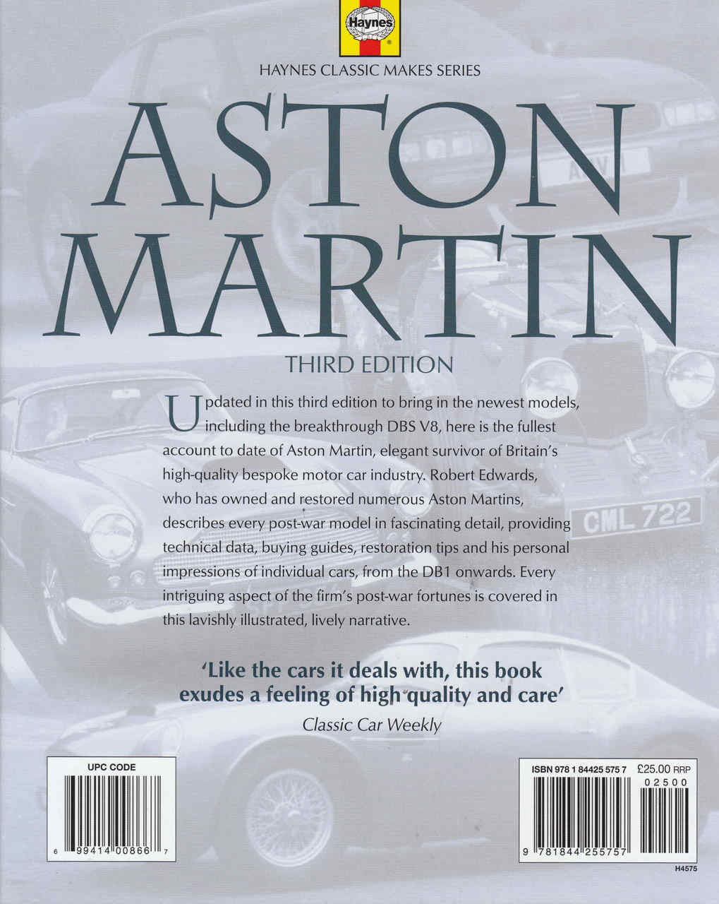 Aston Martin book cover, Third Edition, with logo and descriptive text
