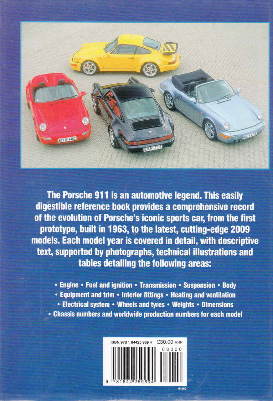 Automotive reference book back cover with car photos, description text, and barcode