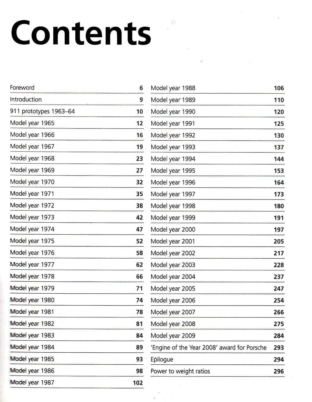 Book contents page with model year listings from 1963 to 2009