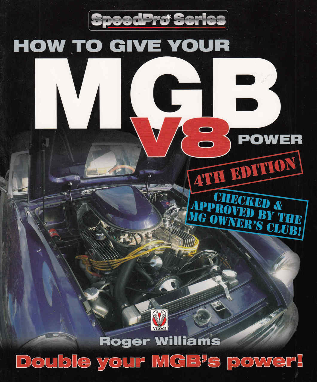 Auto repair manual cover showing engine bay photo and large title text