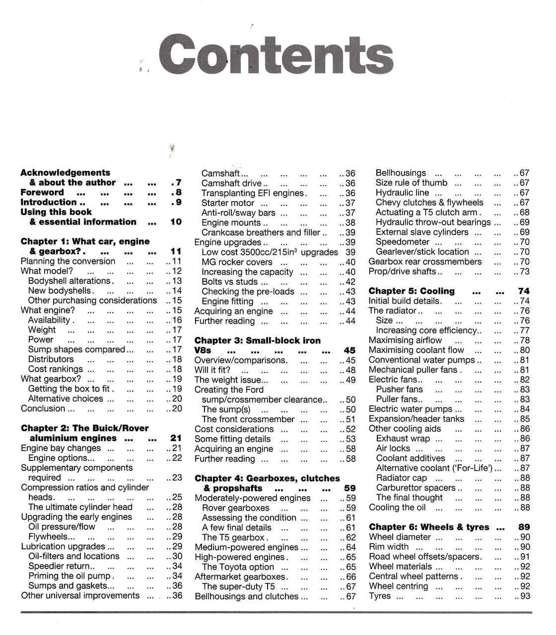 Auto repair manual contents page with section titles and page numbers