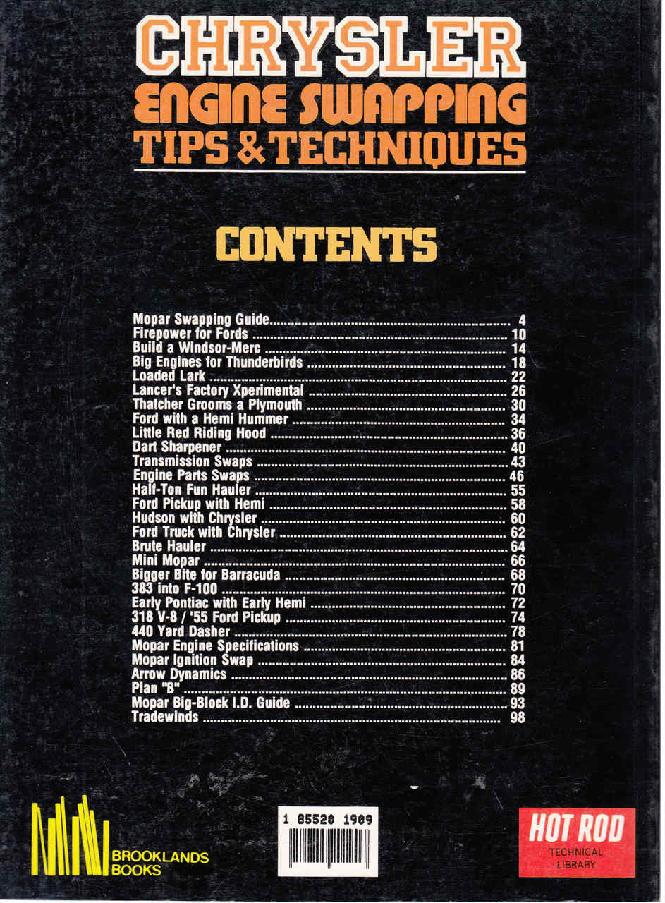 Chrysler engine swapping tips book, black back cover with contents list and barcode.