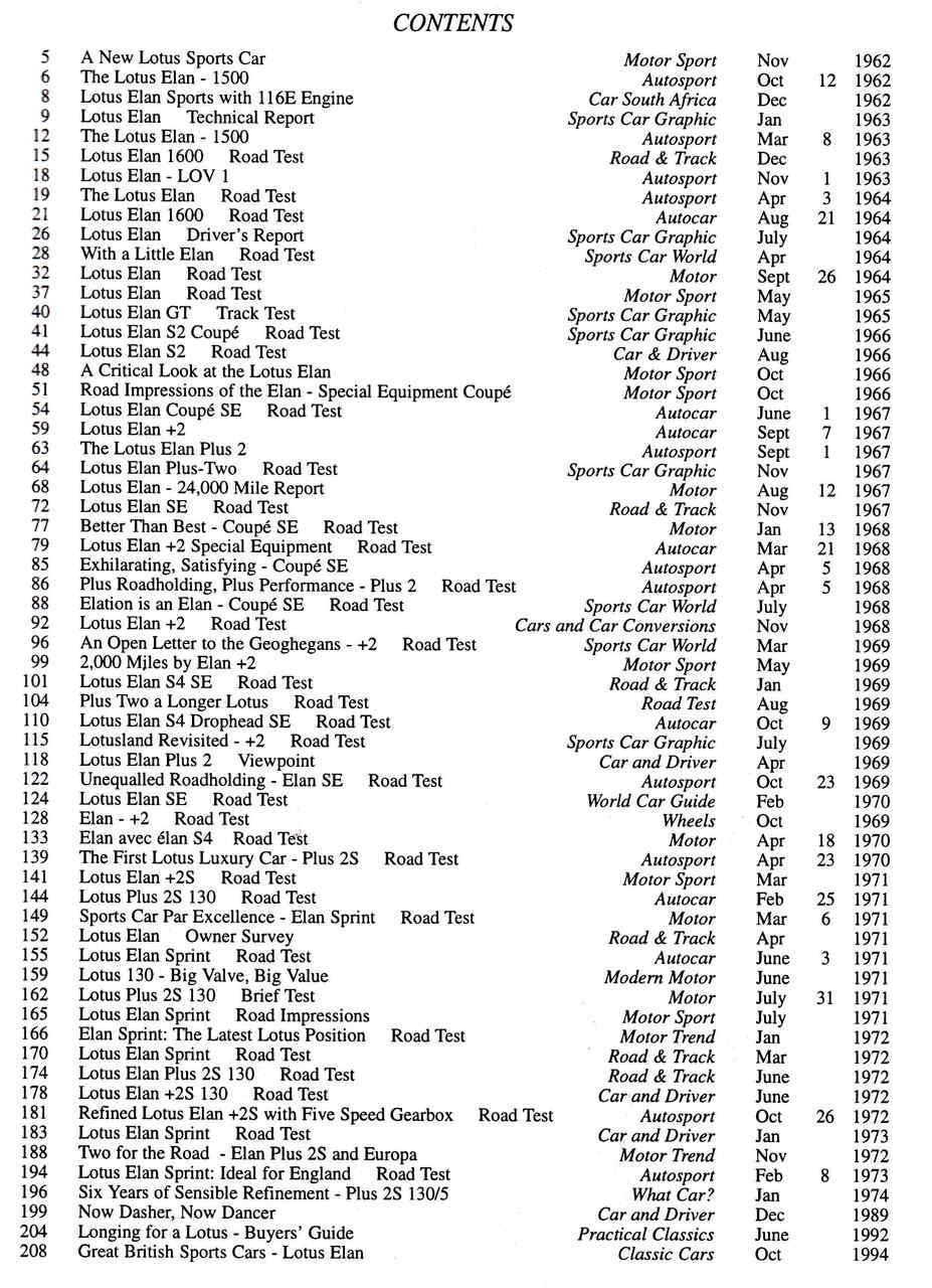 Automotive portfolio book contents page with vehicle test listings