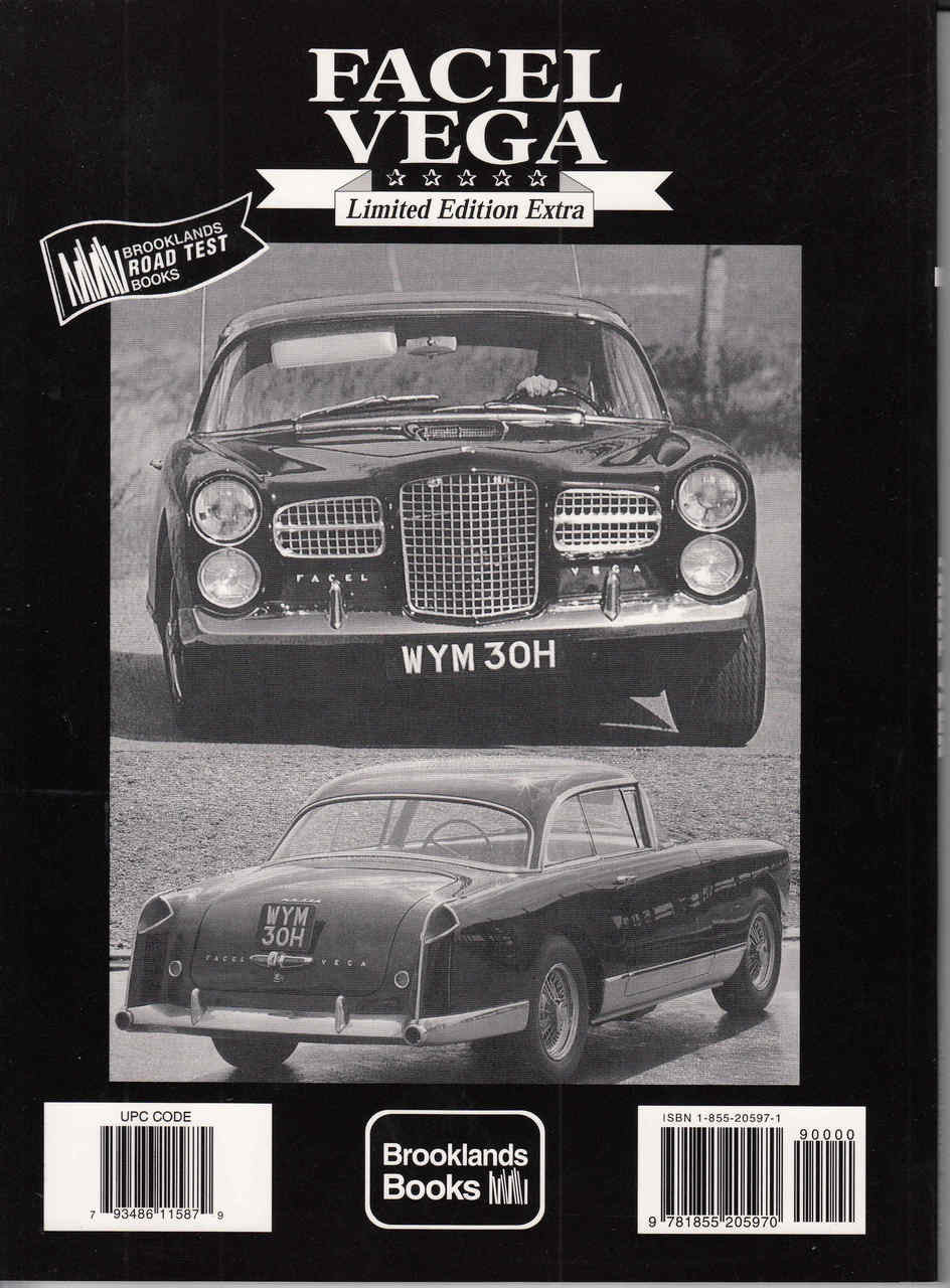 Facel Vega Limited Edition Extra road test book back cover with car photos and barcodes