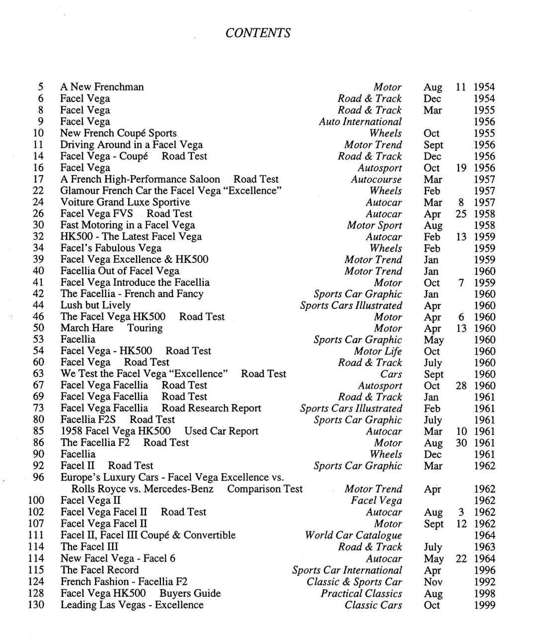 Road test book contents page listing Facel Vega models and years in two columns