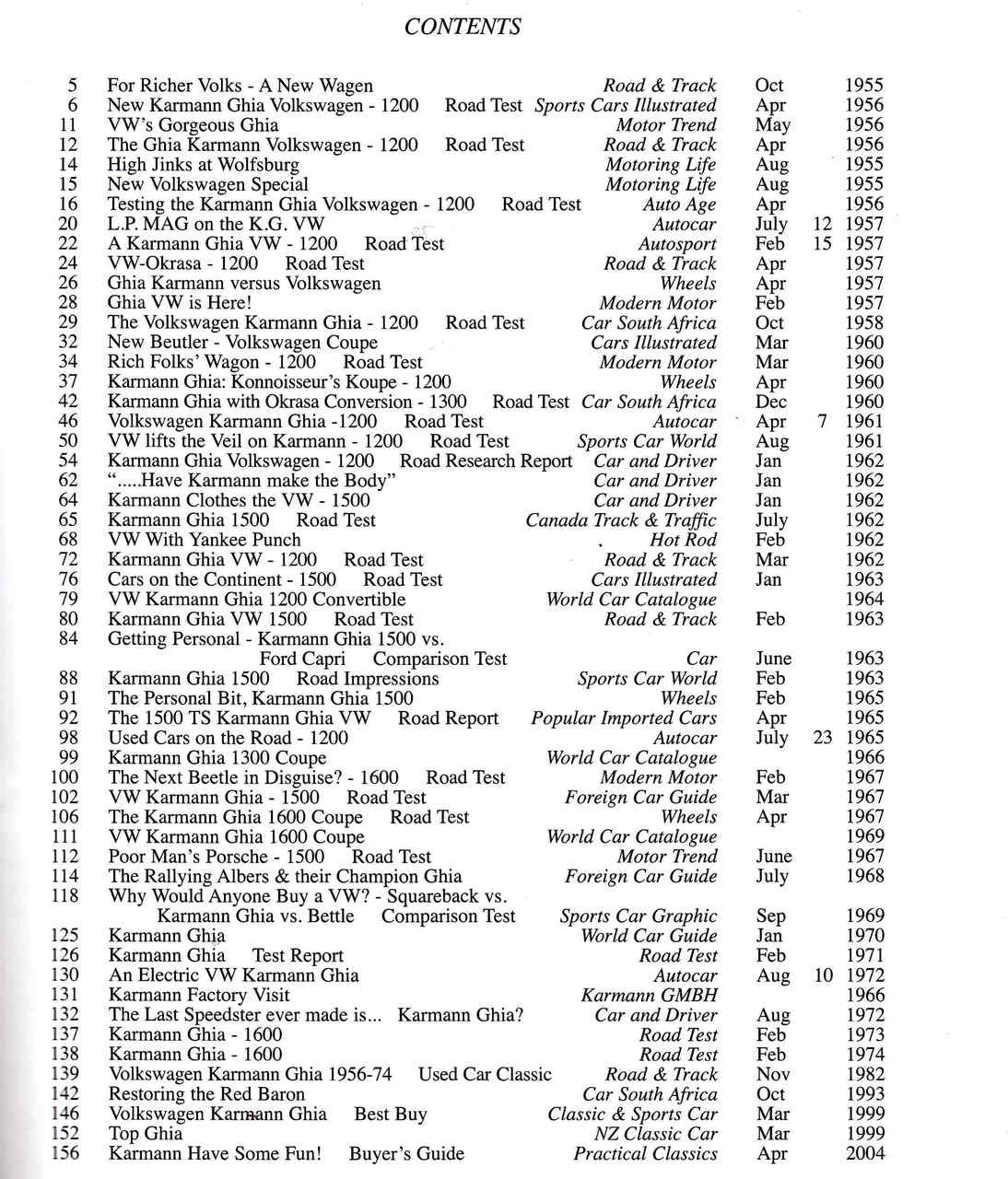 Karmann Ghia Gold Portfolio contents page with indexed road test listings