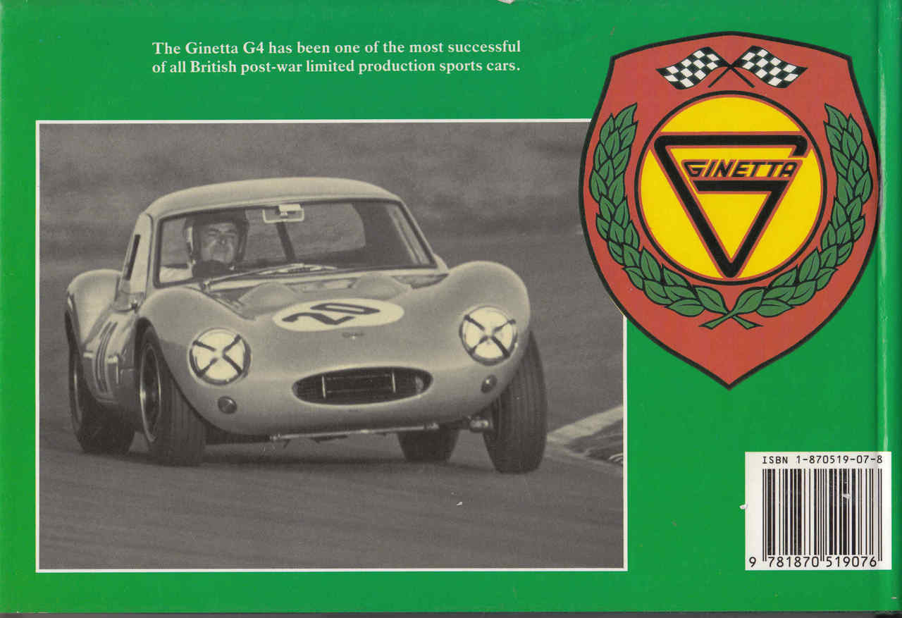 Ginetta G4 book cover with vintage race car photo and Ginetta crest on green