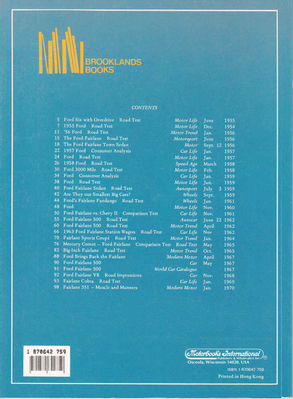 Ford Fairlane 1955–1970 road test book, blue back cover with contents list