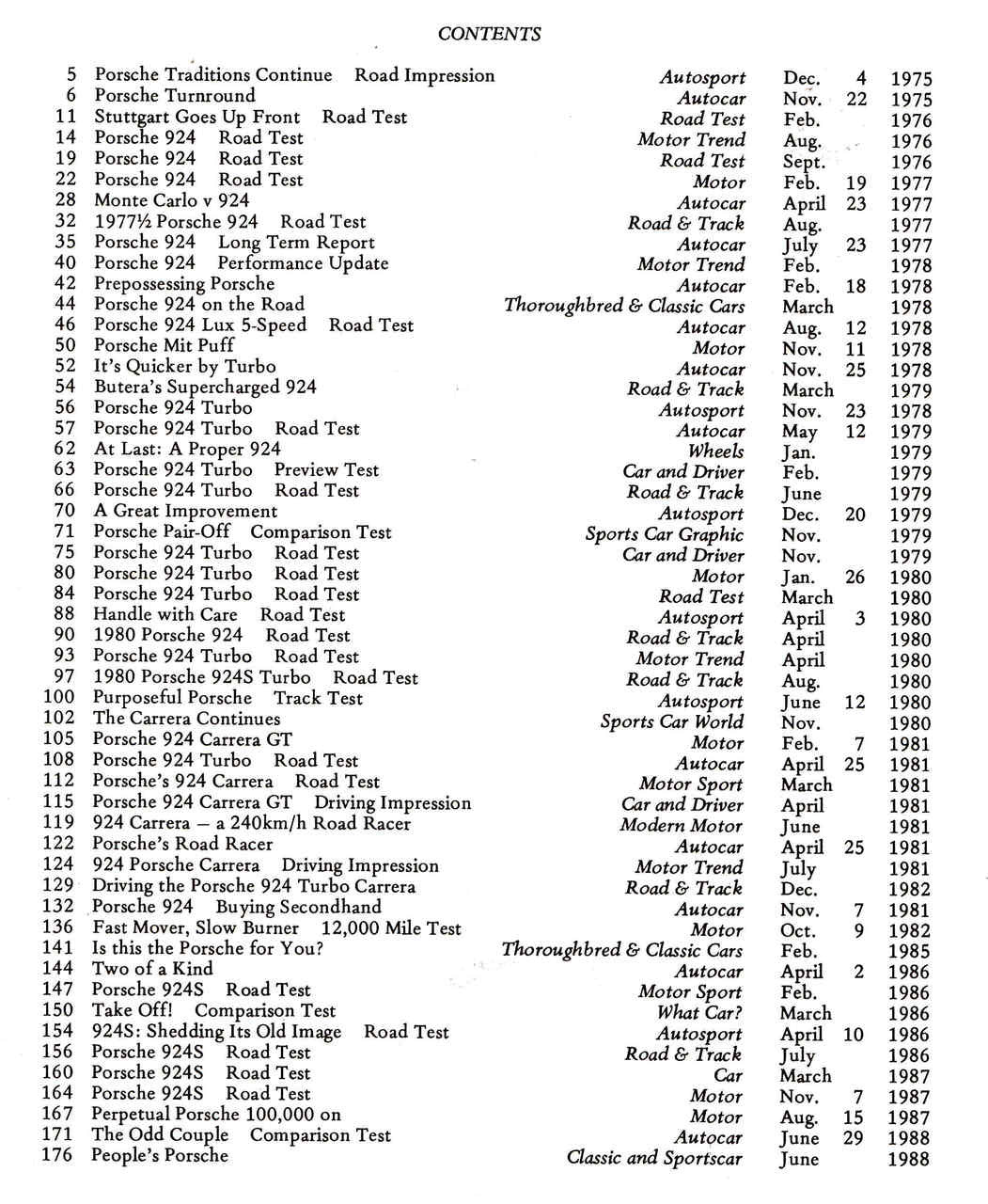 Porsche 924 Gold Portfolio contents page listing road tests and reports