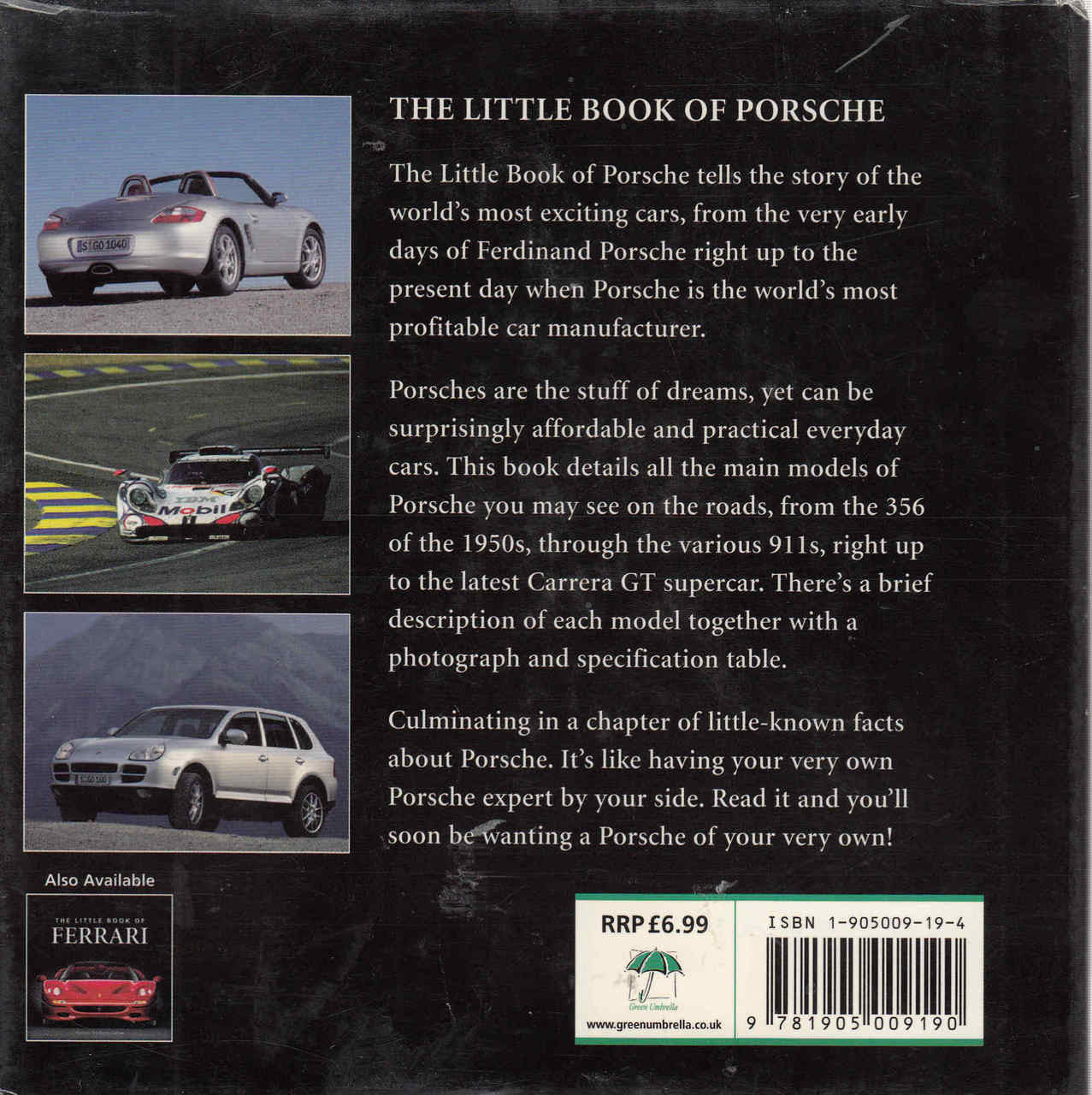 Porsche book back cover with car photos, description, and ISBN label