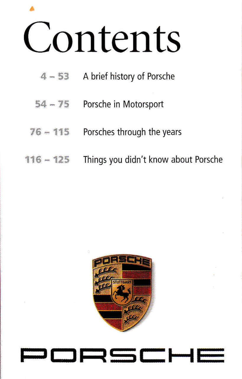 Porsche book contents page with section list and Porsche shield logo