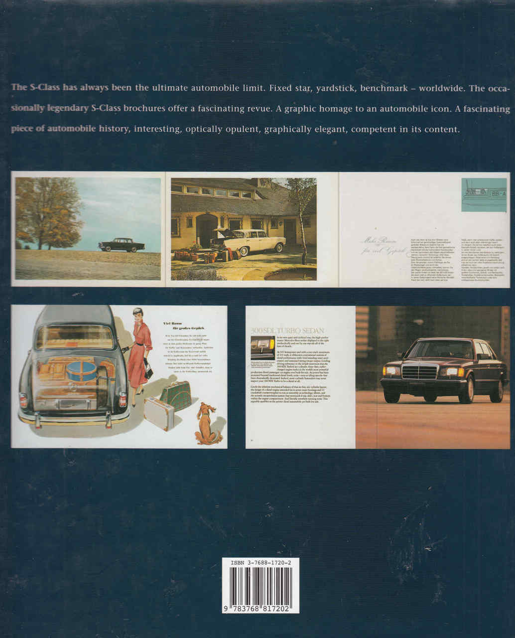 Automotive brochure spread with car photos, text columns, and barcode on page